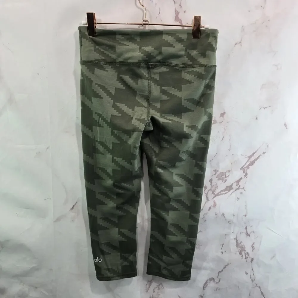 Alo Leggings Womens Small Green Capri Houbdstooth Plaid High Mid Rise Crop